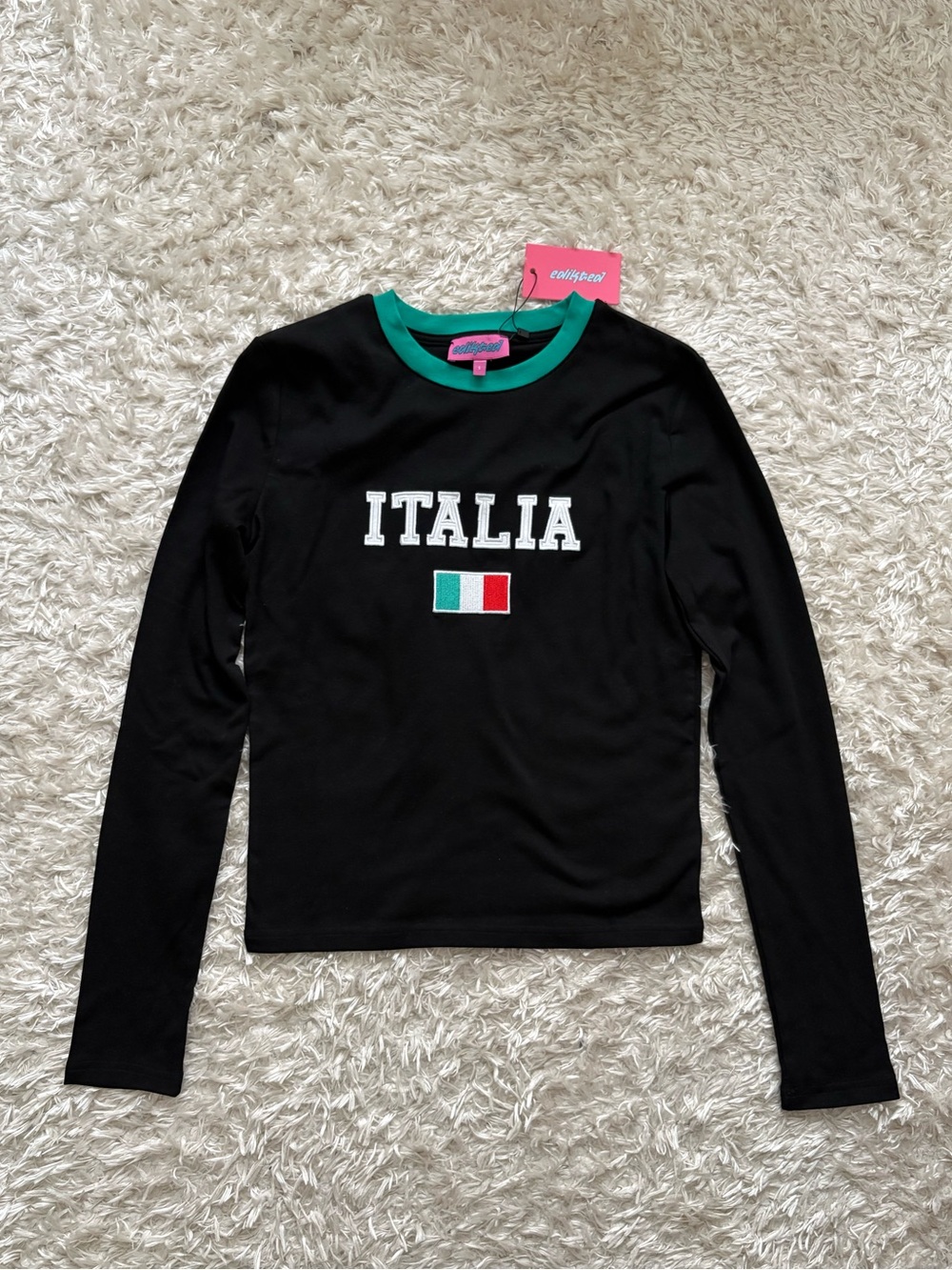 Edikted Women’s Black Long-Sleeve Top Green Neckline Ringer Tee Italia Flag